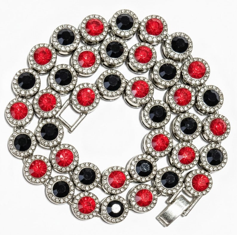 Hip Hop Iced Silver 12mm CZ Cluster Chain Necklace Black Red
