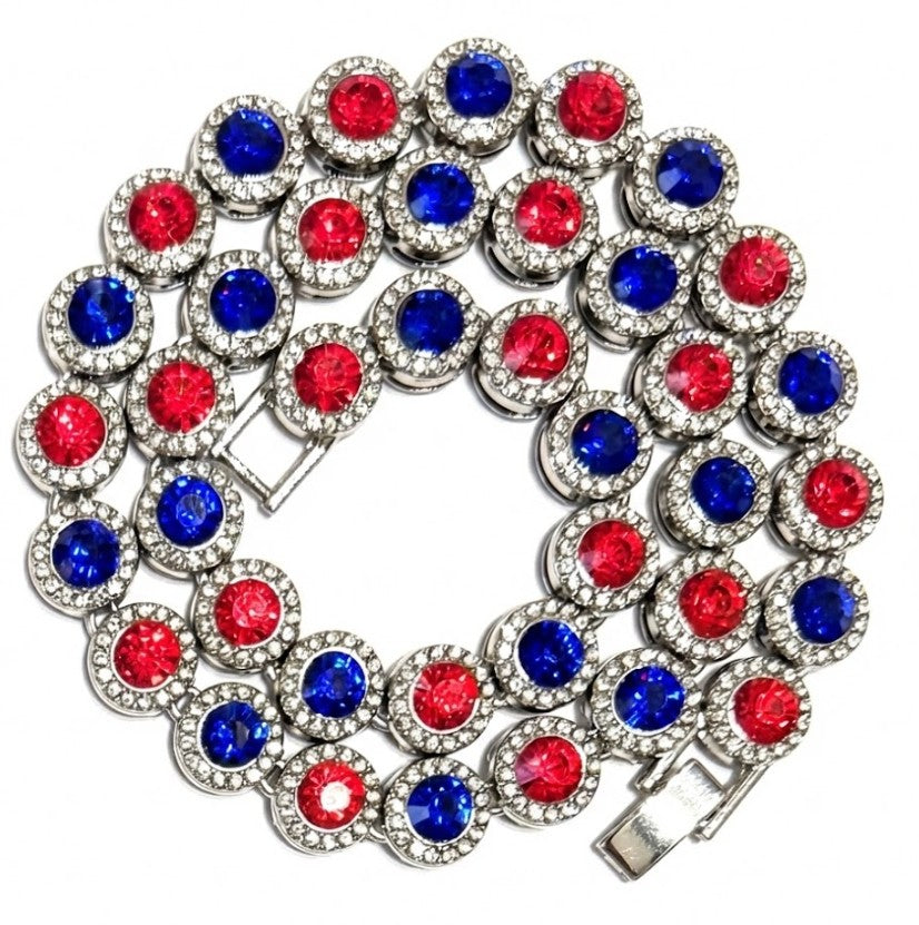 Hip Hop Iced Silver 12mm CZ Cluster Chain Necklace Royal Blue Red
