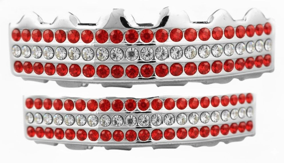 Team Colors Silver 6 Rows Iced CZ Mouth Teeth Grillz Upper Lower Set Red