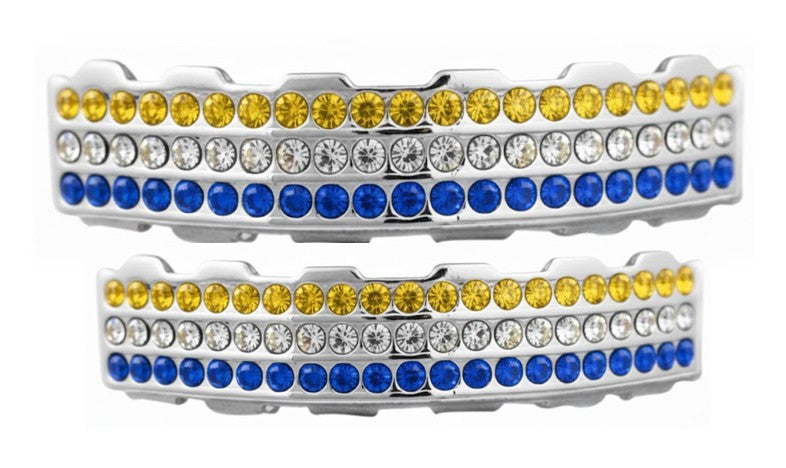 Team Colors Silver 6 Rows Iced CZ Mouth Teeth Grillz Upper Lower Set Blue Yellow