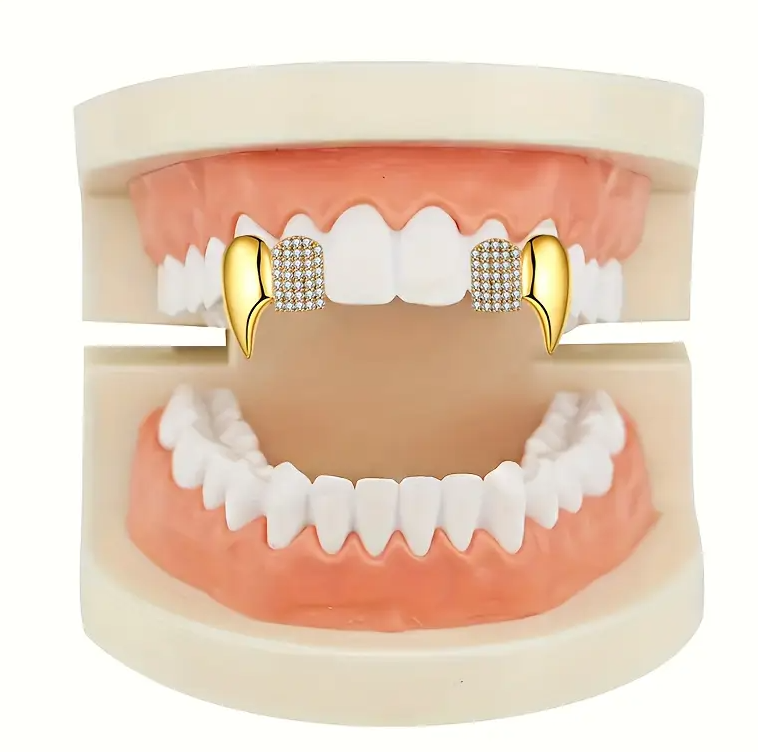 14K Gold Plated Double Cap Iced Fangs Grillz Set