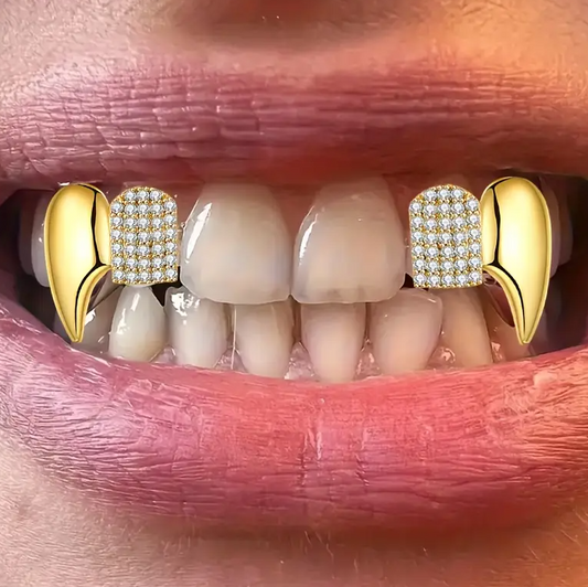 14K Gold Plated Double Cap Iced Fangs Grillz Set