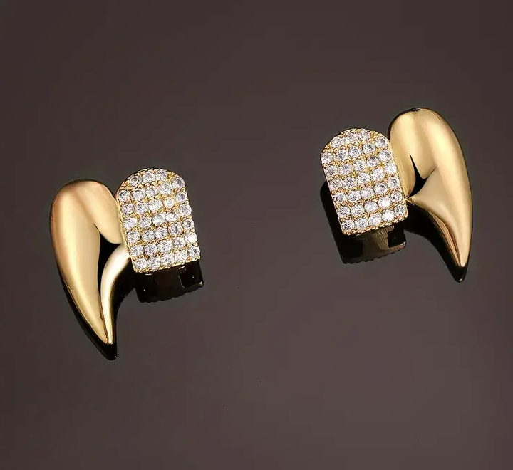 14K Gold Plated Double Cap Iced Fangs Grillz Set