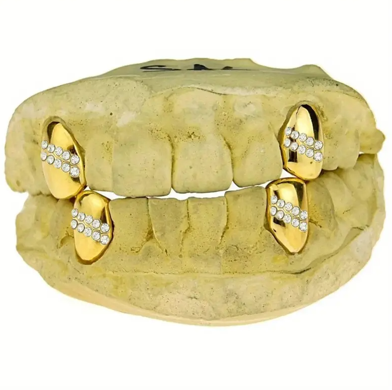 14K Gold Plated Iced Grillz Cap 4pc Set