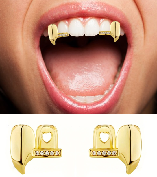 14K Gold Plated Iced Fangs Set 2pc