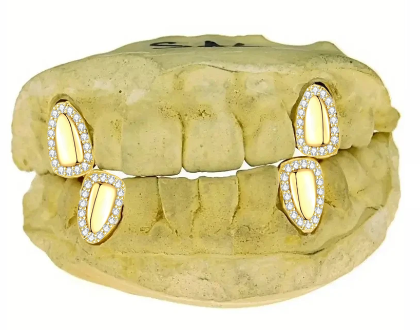 14K Gold Plated Iced Border Edge Grillz Cap 4pc Set