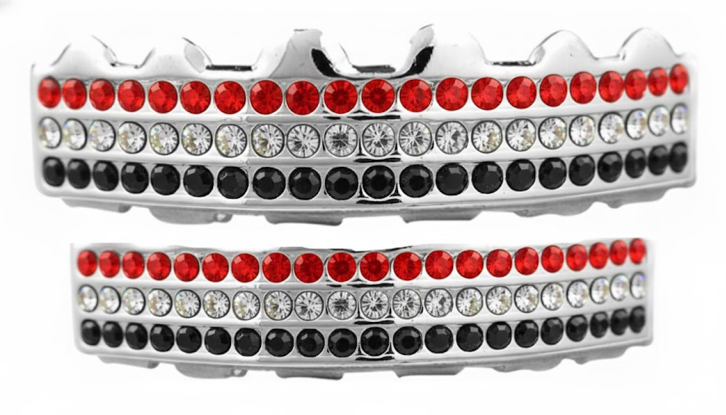 Team Colors Silver 6 Rows Iced CZ Mouth Teeth Grillz Upper Lower Set Red Black