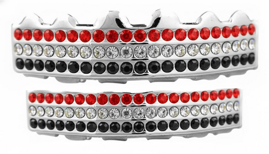 Team Colors Silver 6 Rows Iced CZ Mouth Teeth Grillz Upper Lower Set Red Black