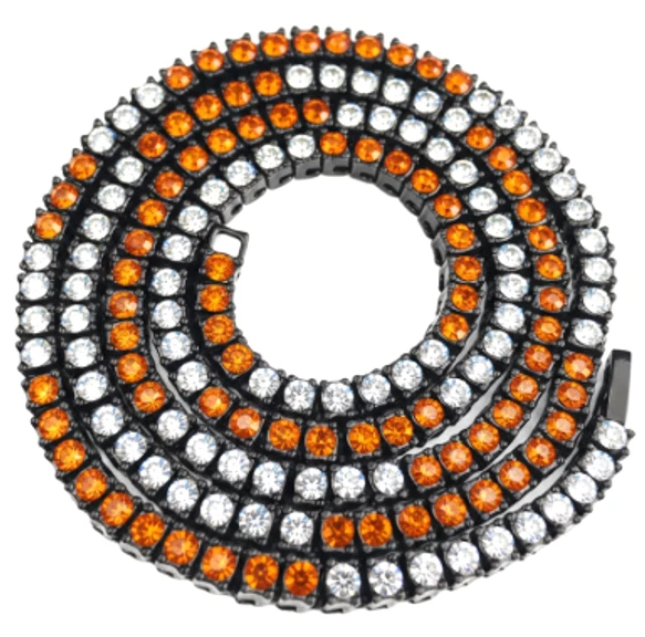 Black Iced CZ Row Tennis Baseball Chain Necklace Orange White