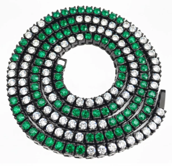 Black Iced CZ Row Tennis Baseball Chain Necklace Green White