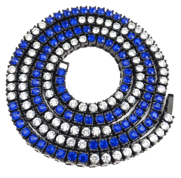 Black Iced CZ Row Tennis Baseball Chain Necklace Blue White