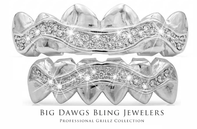 14K White Gold Plated Iced CZ Upper & Lower Grillz Deluxe Set