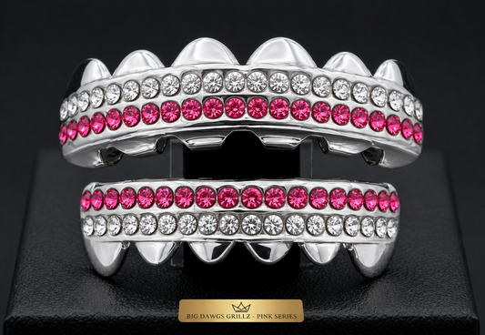 Silver Upper & Lower Teeth Grillz Set Pink Diamond Series