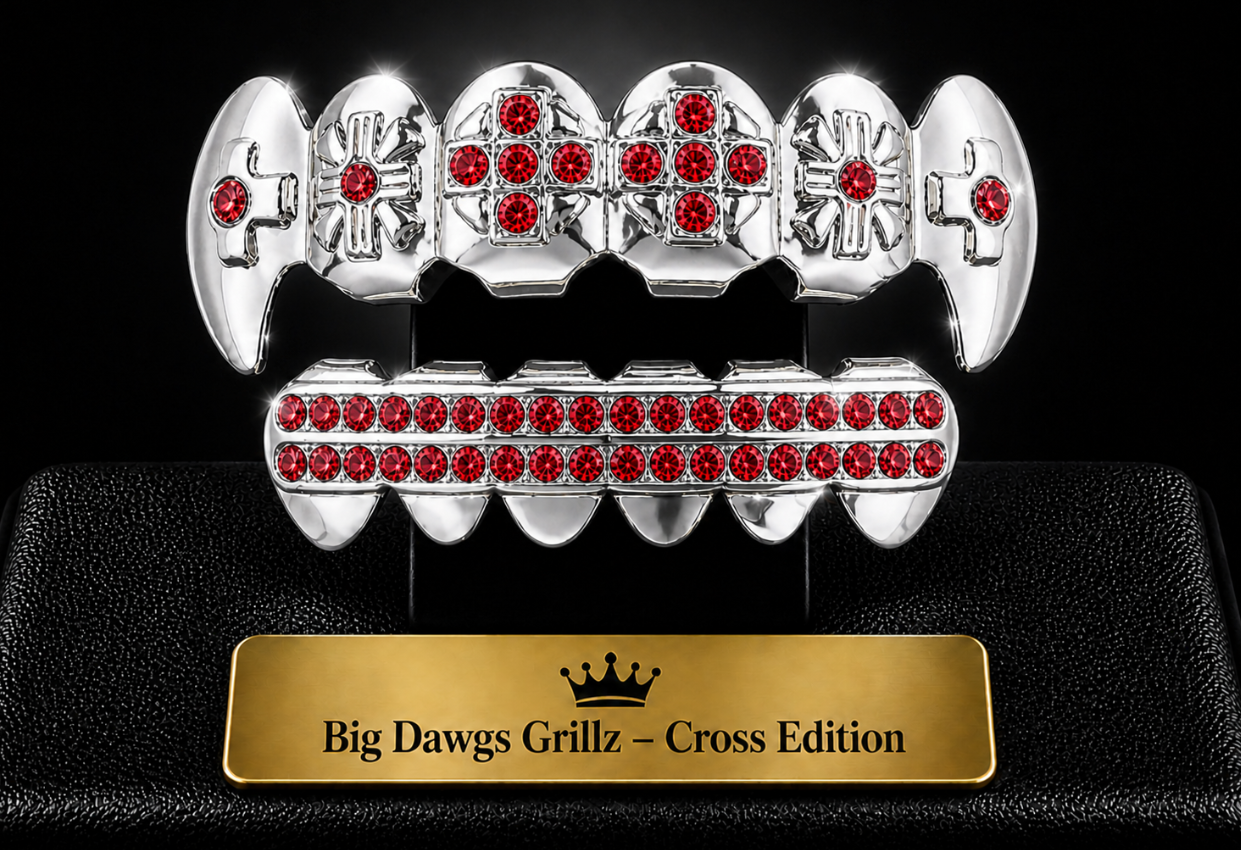 Silver Plated Upper & Lower Cross Fang Grillz Set Iced Red CZ