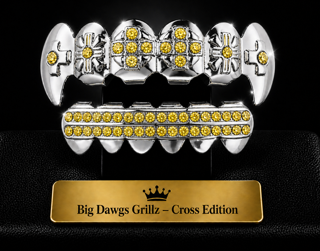 Silver Plated Upper & Lower Cross Fang Grillz Set Iced Yellow CZ