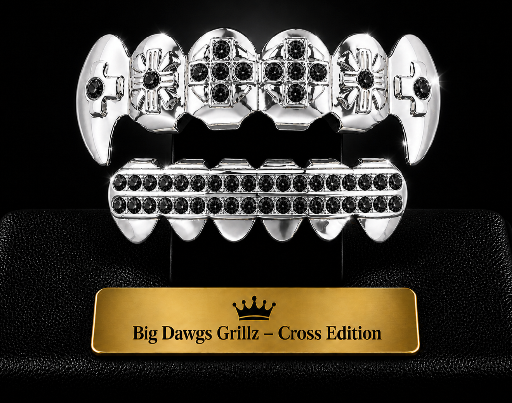 Silver Plated Upper & Lower Cross Fang Grillz Set Iced Black CZ