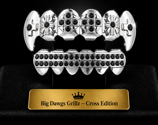 Silver Plated Upper & Lower Cross Fang Grillz Set Iced Black CZ