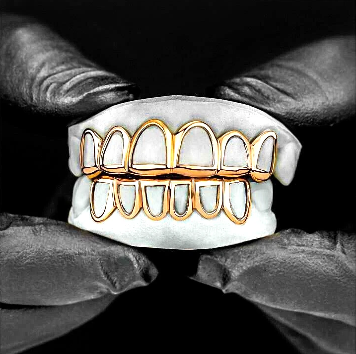 14K Gold Plated Open Face 6 Top 6 Bottom Grillz Set
