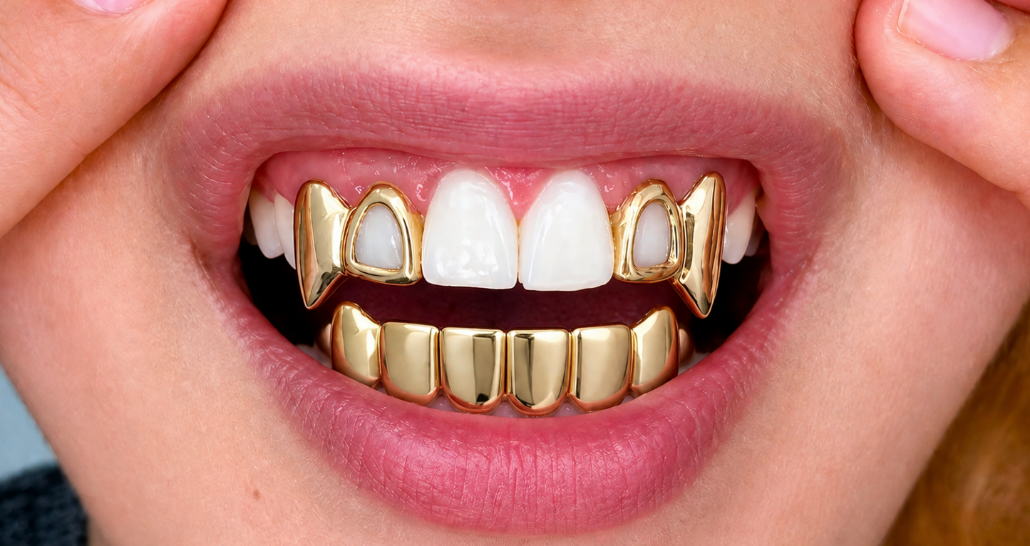 14K Gold Plated Open Face Upper Double Fang & Lower Solid Grillz 3pc Set