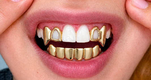 14K Gold Plated Open Face Upper Double Fang & Lower Solid Grillz 3pc Set