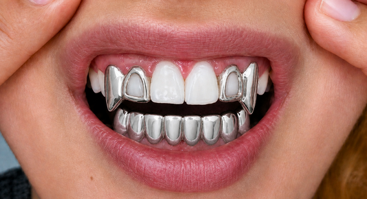 Silver Open Face Upper Double Fang & Lower Solid Grillz 3pc Set