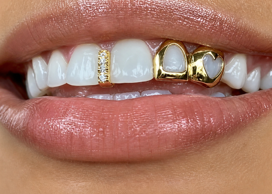 Custom Fit 14K Gold Plated Open Face Heart + Iced Gap Teeth Grillz Cap 2pc Set