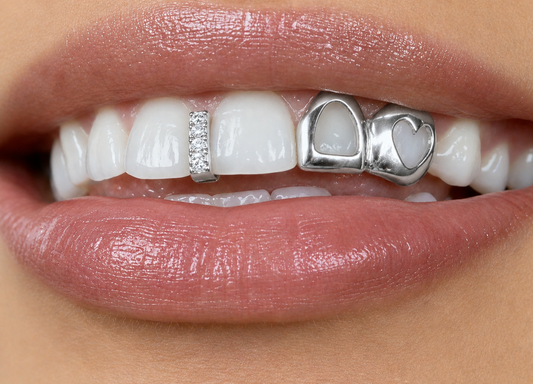 Custom Fit Silver Open Face Heart + Iced Gap Teeth Grillz Cap 2pc Set