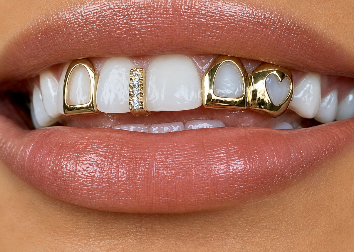 14K Gold Plated Open Face Heart, Open Cap & Iced Gap Teeth Grillz Set 3pc