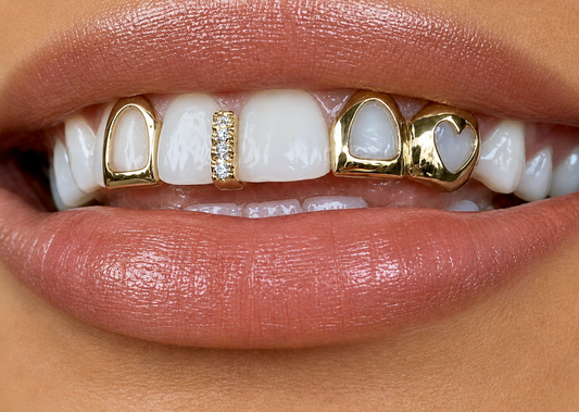 14K Gold Plated Open Face Heart, Open Cap & Iced Gap Teeth Grillz Set 3pc