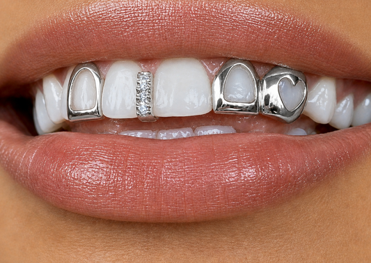 Custom Fit Silver Open Face Heart, Open Cap & Iced Gap Teeth Grillz Set 3pc