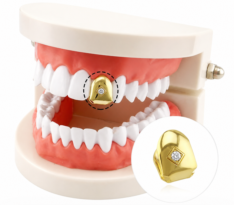 14K Gold Plated Single Centered Diamond Tooth Grillz Cap