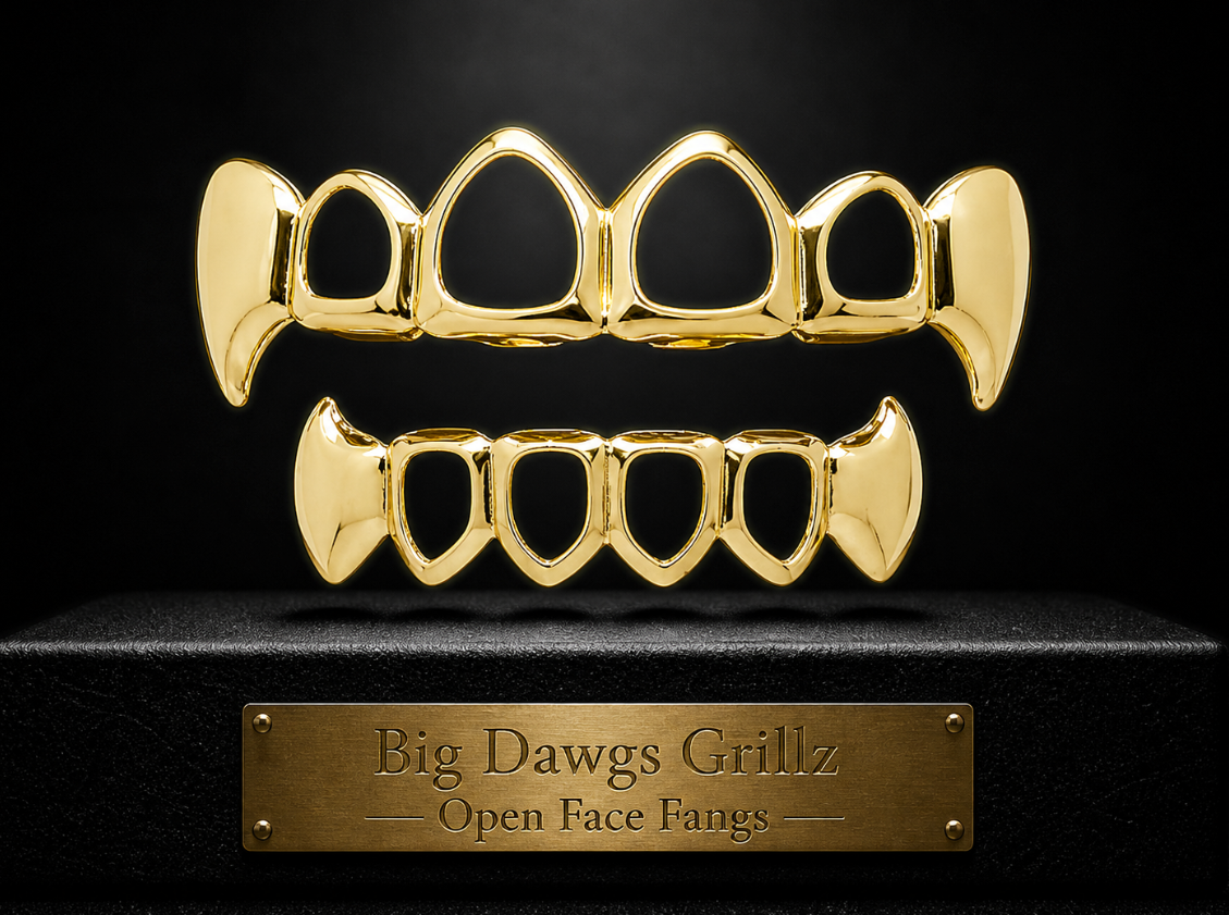 14K Gold Plated Open Face Vampire Fang Grillz Set