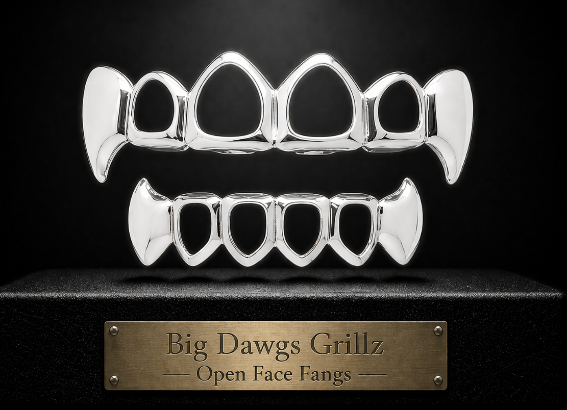 925 Silver Plated Open Face Vampire Fang Grillz Set