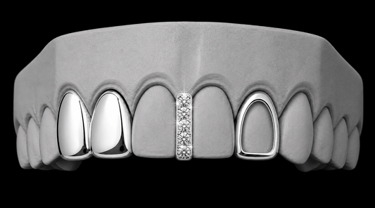 925 Silver Plated Double Tooth + Open Face Grillz Cap + Iced Gap