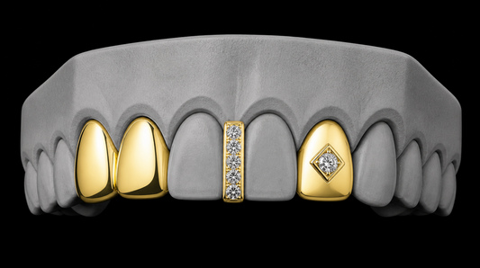14K Gold Plated Double Tooth + Centered Diamond Grillz Cap + Iced Gap