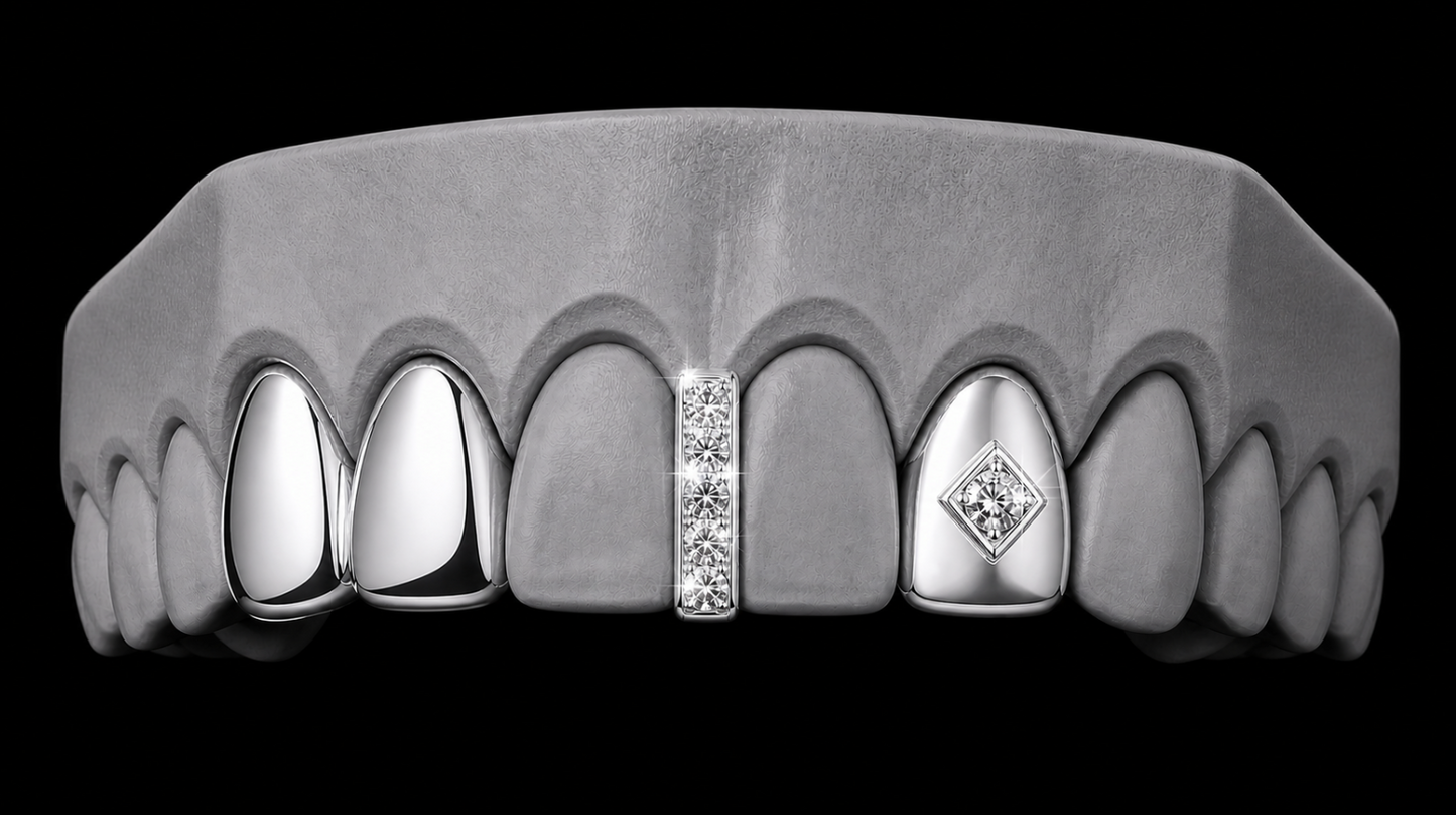 925 Silver Plated Double Tooth + Centered Diamond Grillz Cap + Iced Gap