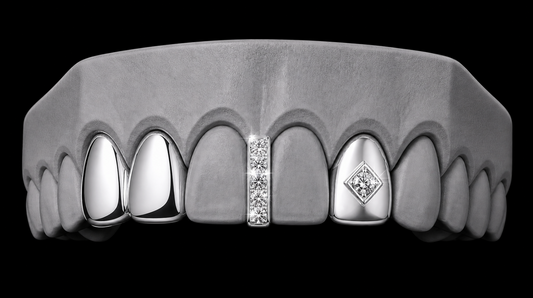 925 Silver Plated Double Tooth + Centered Diamond Grillz Cap + Iced Gap