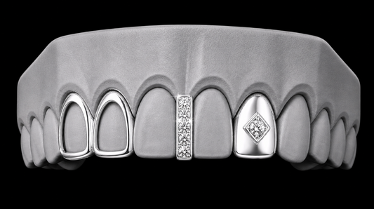 925 Silver Plated Open Double Tooth + Centered Diamond Grillz Cap + Iced Gap