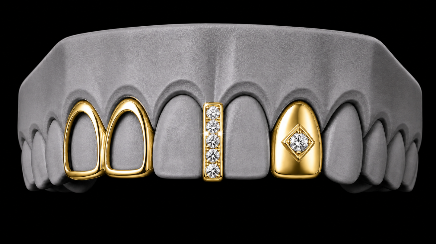 14K Gold Plated Open Double Tooth + Centered Diamond Grillz Cap + Iced Gap