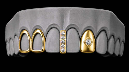 14K Gold Plated Open Double Tooth + Centered Diamond Grillz Cap + Iced Gap