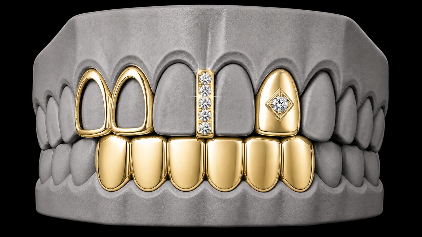 14K Gold Plated Open Double Tooth, Diamond Grillz Cap, Iced Gap & Lower 4pc Set