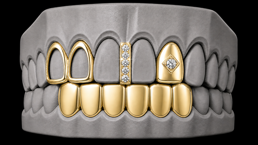 14K Gold Plated Open Double Tooth, Diamond Grillz Cap, Iced Gap & Lower 4pc Set