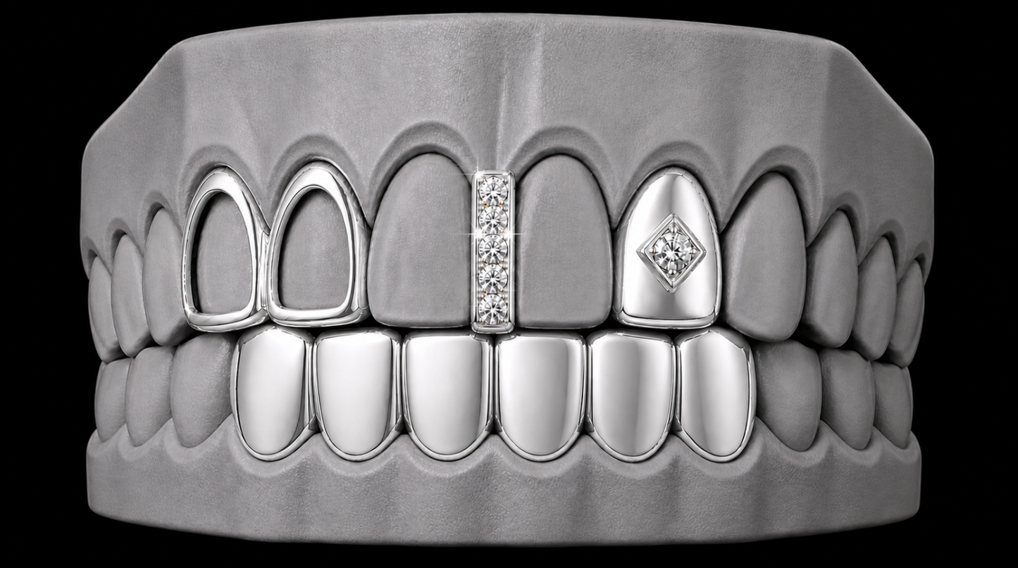 925 Silver Plated Open Double Tooth, Diamond Grillz Cap, Iced Gap & Lower 4pc Set
