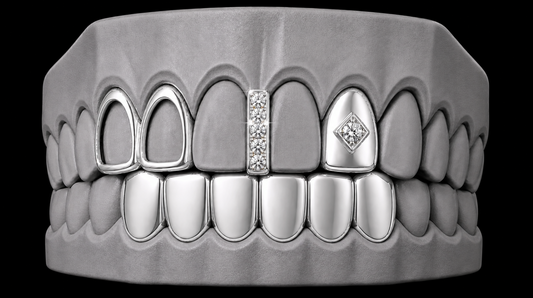 925 Silver Plated Open Double Tooth, Diamond Grillz Cap, Iced Gap & Lower 4pc Set
