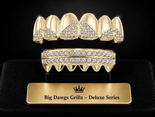 14K Gold Plated Upper & Lower Grillz Set Deluxe Iced CZ