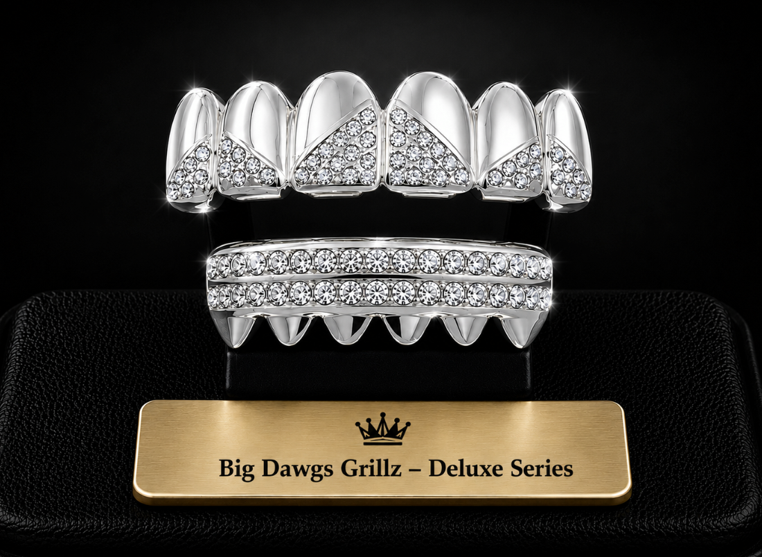 925 Silver Plated Iced CZ Upper & Lower Grillz Deluxe Set