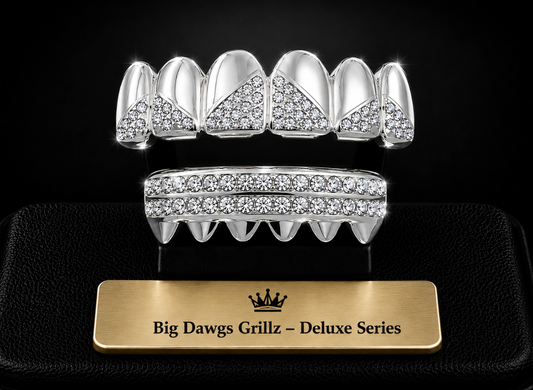 925 Silver Plated Iced CZ Upper & Lower Grillz Deluxe Set