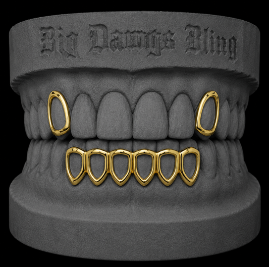 14K Gold Plated Upper Right & Left Open Face Caps + Bottom Lower Open Grillz Set