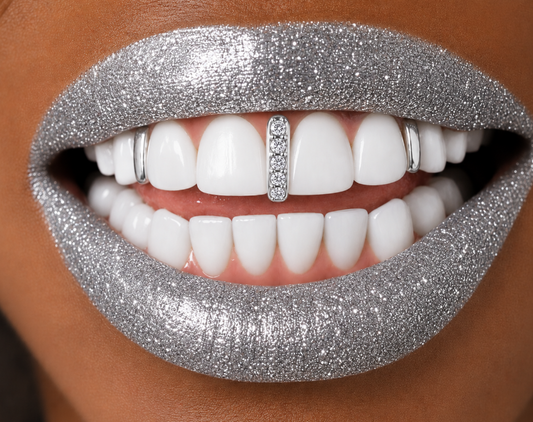 High Shine L& R Solid + Center Iced Silver Gap Fill Grillz 3pc Set