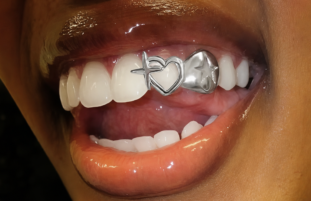 Custom Fit Silver Open Face Heart + Star Teeth Grillz Cap